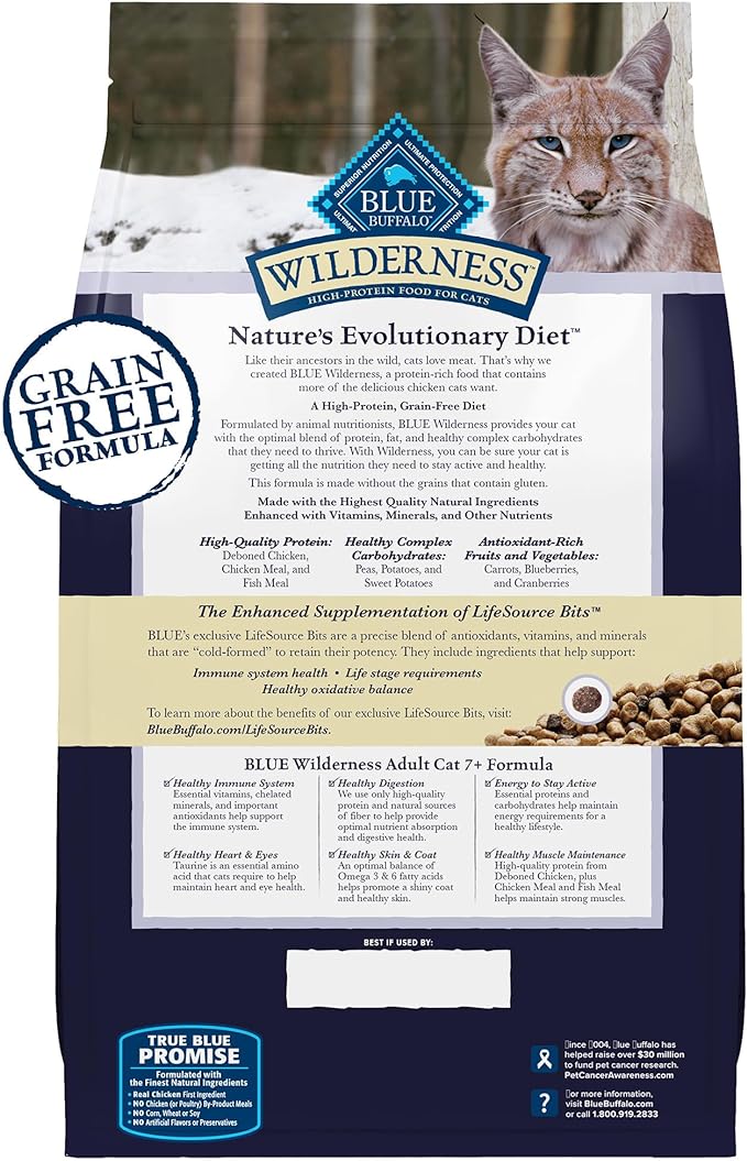 Blue Buffalo Wilderness Natural Mature Dry Cat Food for Cats 7+ Years, High-Protein and Grain-Free Diet, Supports Immune System Health and Energy to Stay Active, Chicken, 5-lb. Bag-PawvioPets