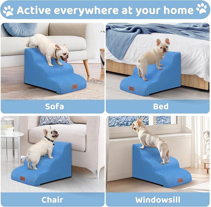 Dog Ramp and Stair for Bed 16" H-20 H,3-Step Cat Stair for Sofa and Chair,4-Step Dog Ramp for High Bed and Window,Durable Nonslip Fabric Cover for Indoor (Blue-16“H, Pet Friendly, 3)-PawvioPets