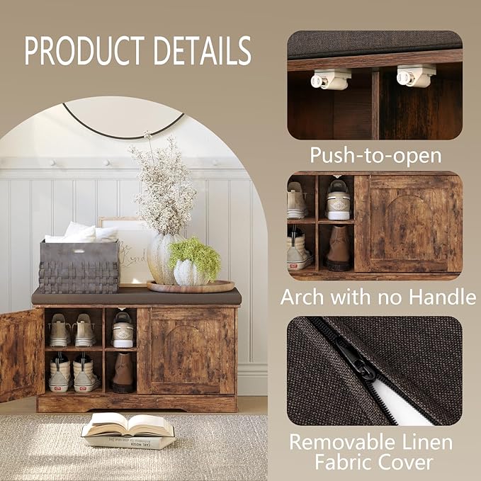 DINZI LVJ Shoe Bench, Entryway Storage Bench with Doors, Cushion, 2-Tier Shoe Rack with 6-Cubby, 31.5”L x 13.8”W Shoe Organizer Cabinet, Adjustable Shelf, Living Room, Bedroom, Rustic Brown-PawvioPets