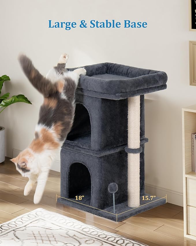 24in Cat Tree Tower with Scratching Post, 19 * 16.5in Window Perch for Large Cats, 2 Cat Condo Cubbies for Indoor Kittens, Dark Gray-PawvioPets