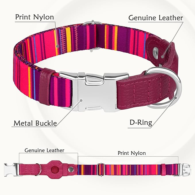 AirTag Dog Collar for Small Medium Large Breed - Adjustable Cute Pattern Dog Collar with Airtag Holder - Soft Leather Tracker GPS Apple Air Tag Pet Collars (Large, 17"-21" Neck Fit, Striped)-PawvioPets