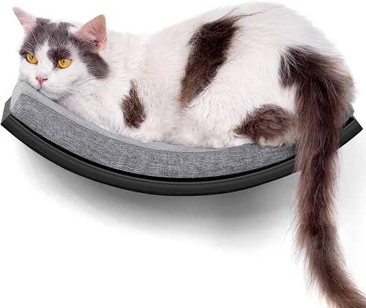 Curved Cat Wall Hammock Bed with Grey Foam Cushion – Floating Cat Wall Shelf Nest for Climbing, Sleeping & Lounging-PawvioPets