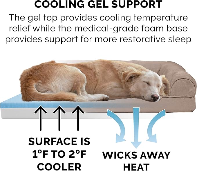 Furhaven Cooling Gel Dog Bed for Large Dogs w/ Removable Bolsters & Washable Cover, For Dogs Up to 125 lbs - Plush & Suede Sofa - Almondine, Jumbo Plus/XXL-PawvioPets