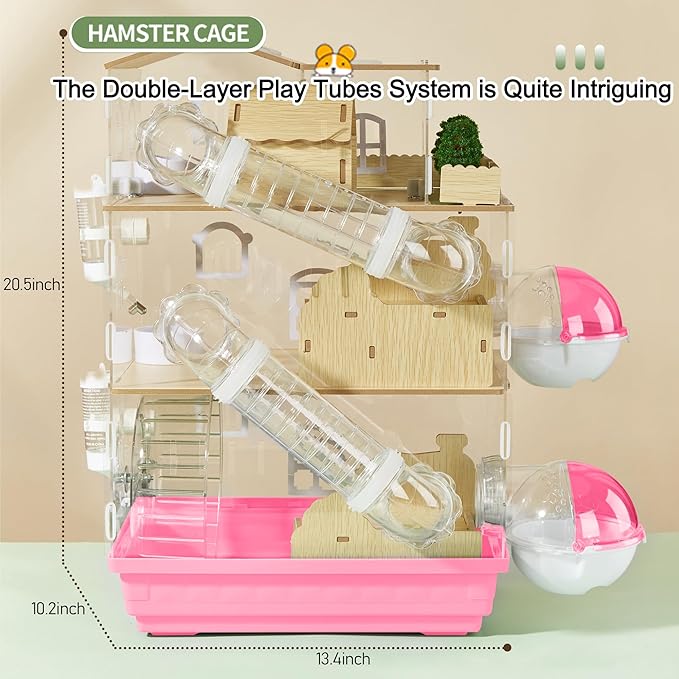 17 in 1 Clear Acrylic Hamster Cage with All Accessories,13.5''L* 10''W* 21''H Dwarf Hamster Cage,Magnetic Connection Small Hamster Enclosure,Garden Style Wooden Mouse Cage for Pet Mice(3-Layer,Pink)-PawvioPets