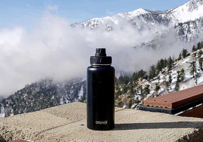 DRINCO Stainless Steel Water Bottle Spout Lid Vacuum Insulated Double Wall Water Bottle Wide Mouth (40oz 32oz 22oz 18oz 14oz) Leak Proof Keep Cold Sport Camping Hiking (32 oz, 32oz Black)-PawvioPets