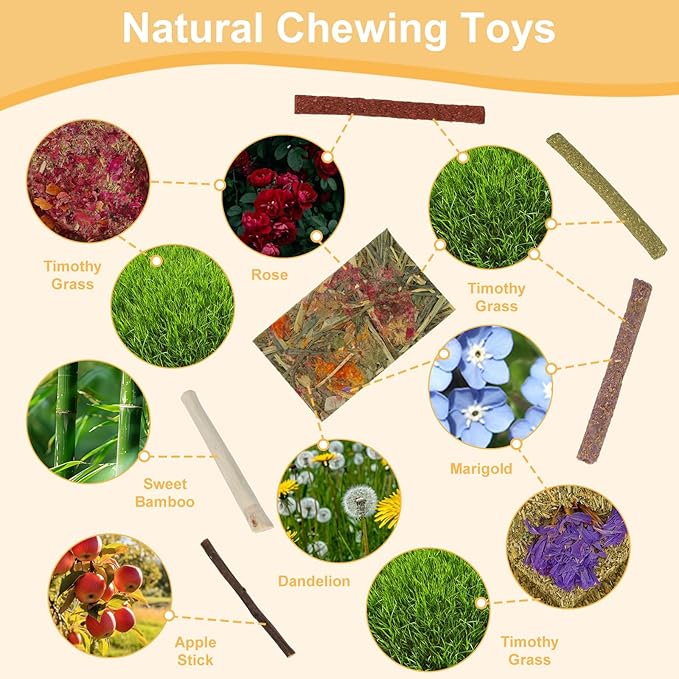 65PCS Rabbit Bunny Guinea Pig Chew Toys Treats, Chinchilla Hamster Chews Toys for Teeth, Timothy Hay Chips Treats Sticks for Rabbit Guinea Pig Chinchilla Hamster Rat-PawvioPets