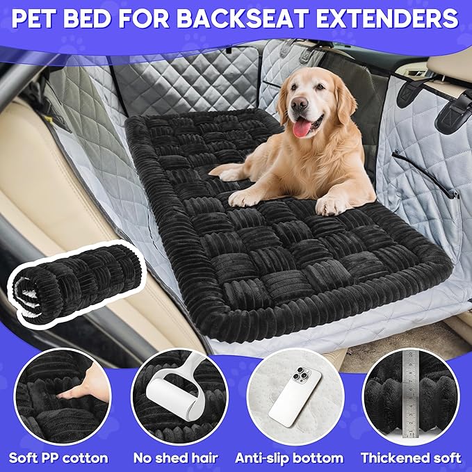 Dog Car Bed Mat, Non-Slip Backseat Extender Pet Blanket, Plaid Dog Bed for SUVs, Sedans & Trucks, Chew-Resistant Travel Pad for Dogs, Easy Clean & Scratch-Proof & Comfort (50"x24.6") Black-PawvioPets