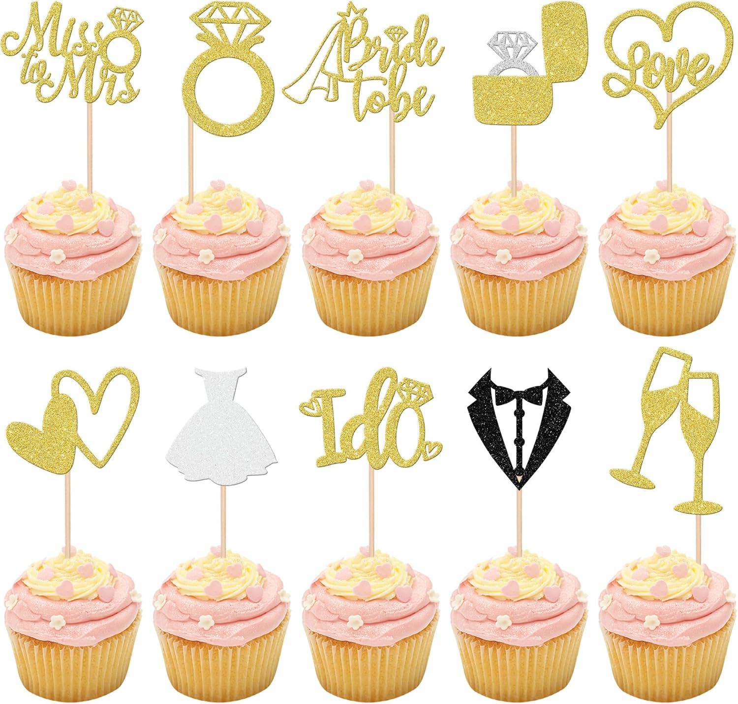 30 PCS Bride to Be Cupcake Toppers Glitter Wedding Cupcake Toppers I Do Love Heart Ring Miss to Mrs Cupcake Picks for Bridal Shower Wedding Engagement Party Cake Decorations Supplies Gold
