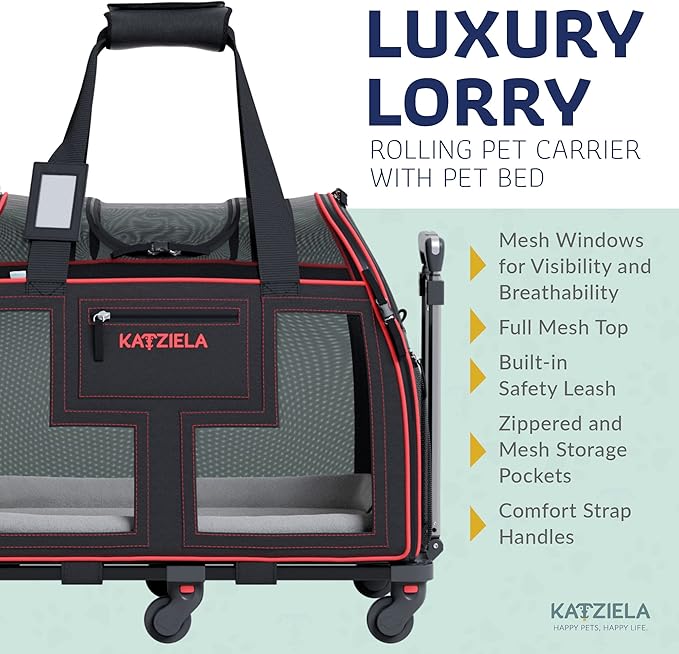 Airline Compliant Pet Carrier - Rolling Portable Travel Carry Crate for Small Dog Puppy or Cat - Soft Removable Wheeled Design with Mesh Window Sides - Airplane and TSA Compliant- by Katziela-PawvioPets