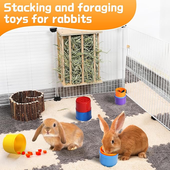 8 Pcs Stacking Cups for Rabbits - Safe Reusable Bunny Toys in Different Sizes, Durable Rainbow Colored Nesting Toys for Small Animals Bunny Hiding Food Playing Bunny Gifts-PawvioPets