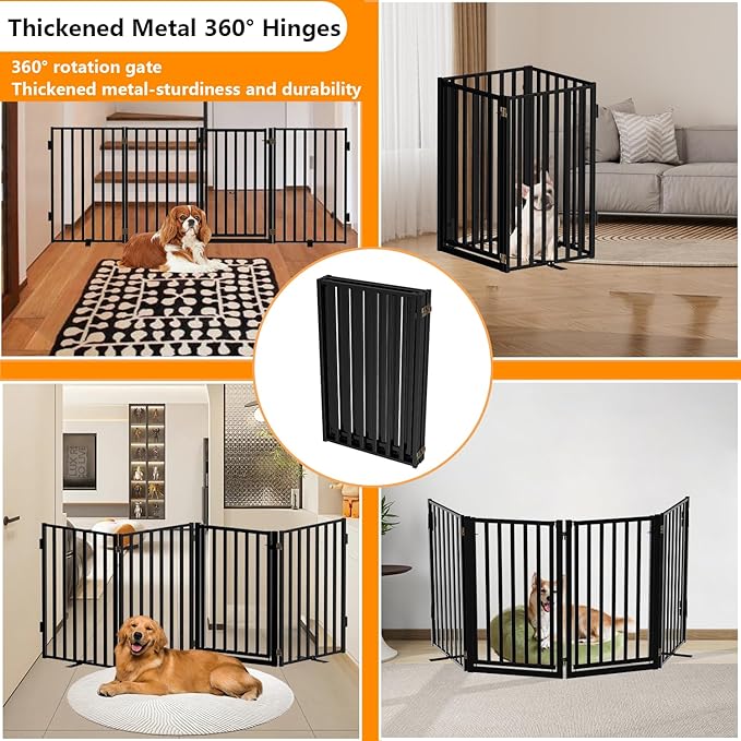 Free Standing Dog Gate with Door for Indoor Outdoor, Portable Dog Fence Foldable Design, Metal Black 32" Tall, Expandable 4 Panels Use for Front Door, Yard, Stairs-PawvioPets