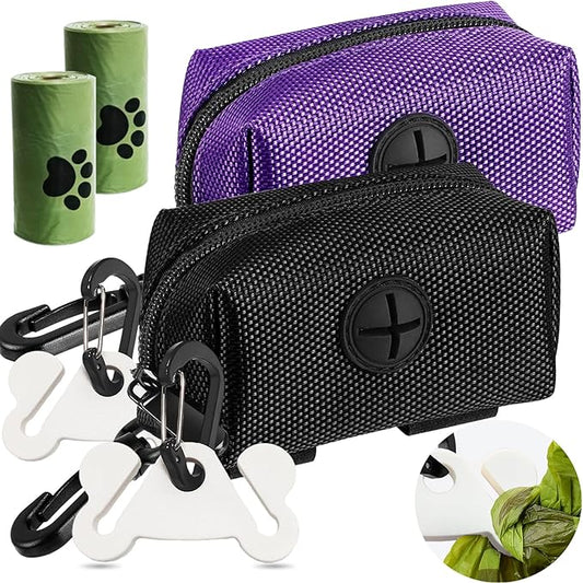 2Packs Dog Waste Bag Dispenser Pet Poop Bags Holder for Doggie Waste Bags Dispensers Soft Fabric Zipper Small Doggy Puppy Pouch for Leash Accessory Attachment with Carrier (Black & Purple)-PawvioPets
