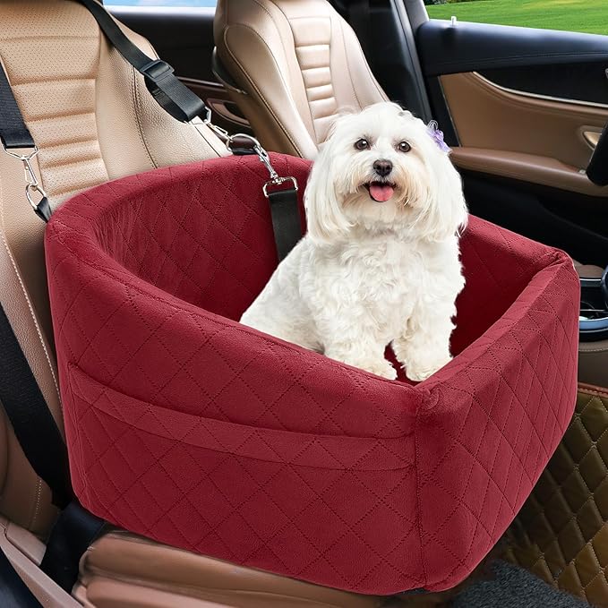 Dog Car Seat for Small Medium Dogs,Detachable Washable Dog Booster Seat Under 30lbs, Pet Car Seats Travel Bed with Storage Pockets and Safety Belt(Red)-PawvioPets