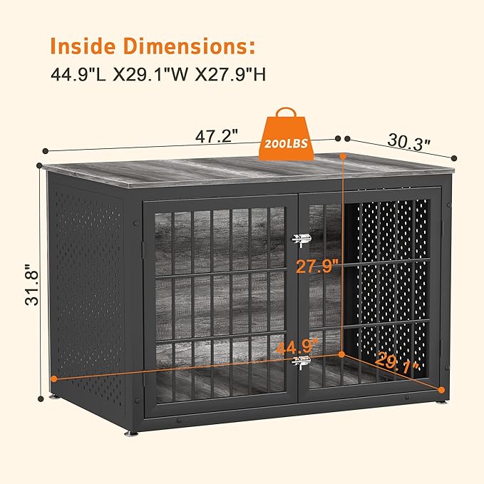 48" Heavy Duty Dog Crate Furniture for Extra Large Dogs, Metal Cage for High Anxiety Dogs, Wooden Kennel Furniture Indoor, Decorative Dog Kennel End Table, XL-PawvioPets