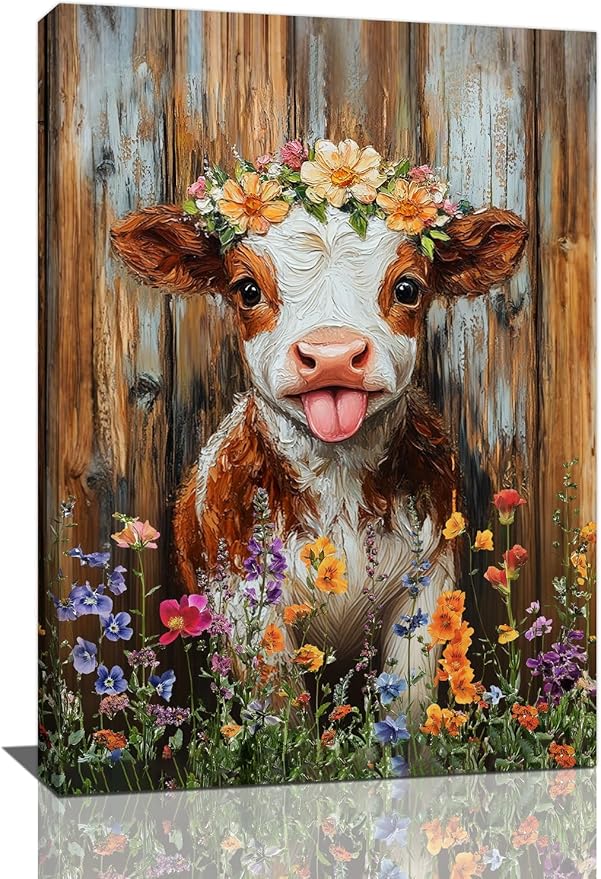 Funny Cow Bathroom Pictures Wall Art, Rustic Brown Cute Cow Bathroom Wall Decor, Farmhouse Floral Framed Painting Animal Flower Canvas Artwork for Bedroom Living Room Decorations 24"L x 16"W-PawvioPets