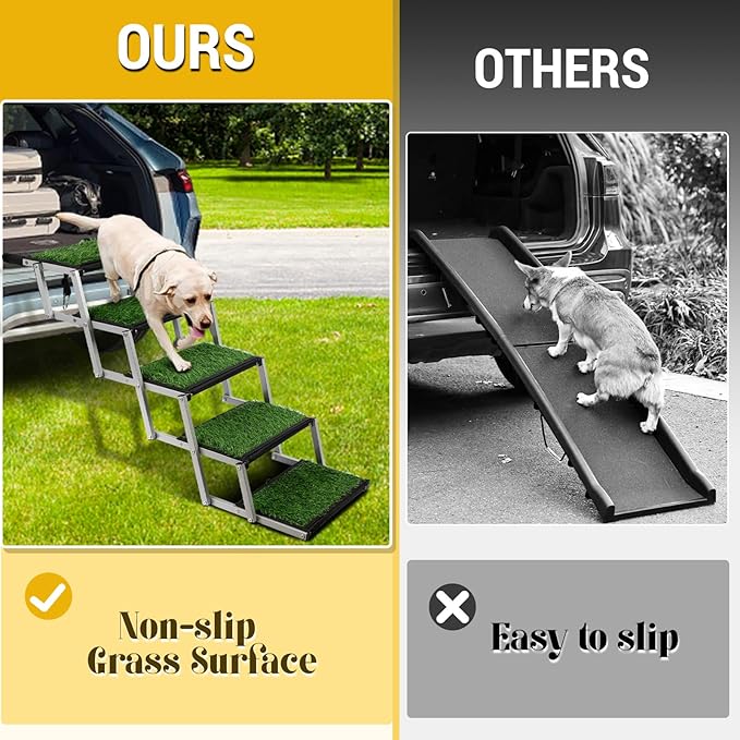 Dog Stairs for Car, Portable Folding Dog Ramps,Dog Steps for Large Dogs with Non-Slip Grass Rug for Cars, SUV, Trucks, Lightweight Pet Ramp Supports Up to 200 lb, 5 Steps-PawvioPets