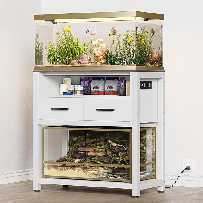 20-29 Gallon Fish Tank Stand with Power Outlet & 2 Storage Drawers, Heavy Duty Metal Frame Aquarium Stand with Waterproof Mat, 30.7" L*15.7" W Tabletop, 550LBS Capacity, White+Brown-PawvioPets
