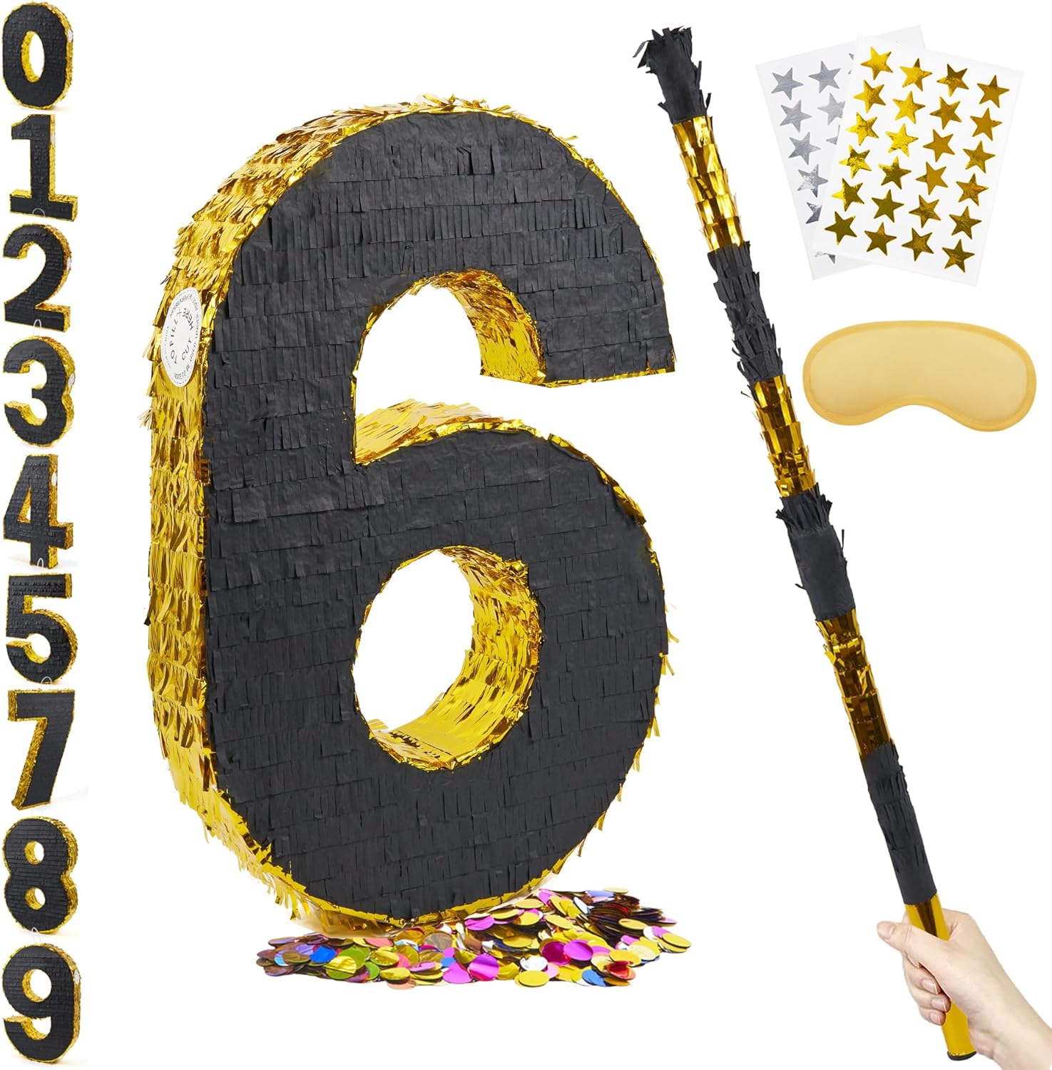 PCFING 20 Inch Number 6 Piñata Gold Black with 30 Inch Piñata Stick Blindfold Confetti for Man Women Boys Girls Birthday Party Decorations, Anniversary Celebration, Fiesta
