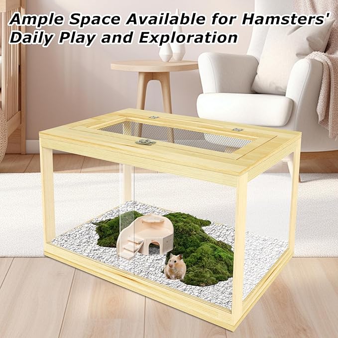 24" Hamster Cage, Lockable Sliding Door Gerbil Cage, Dwarf Hamster Cage with Metal Mesh Roof, Mice and Small Animal Habitat, Chewproof Syrian Hamster Enclosure, (Wooden, 24" L x 16" W x 16" H)-PawvioPets