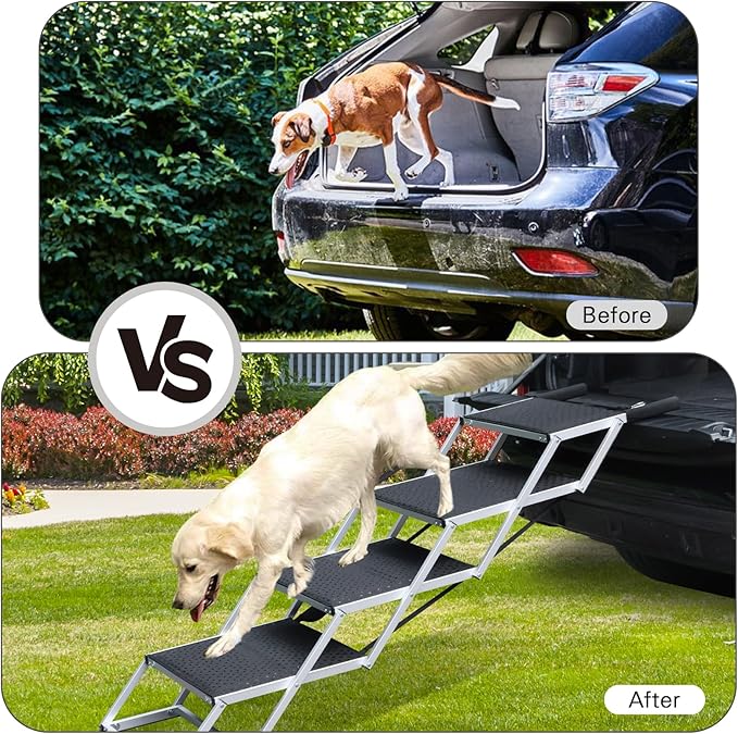 DGSL Dog Ramp for Car, 4-Step Folding Dog Stairs, Aluminum, Black, Supports Up to 250 Lbs-PawvioPets