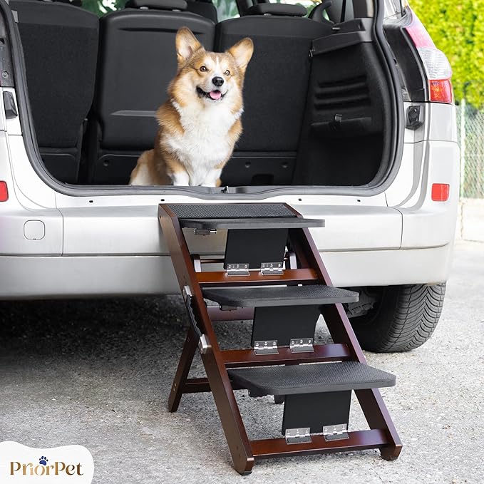 Dog Steps for Bed & Couch 2-in-1 Dog Stairs/Ramp - Height Adjustable Dog Ramp for Couch 7” - 20” - Pet Stairs, Dog Stairs for Small Dogs - Easy to Move Pet Steps with Landing Platform, Walnut-PawvioPets