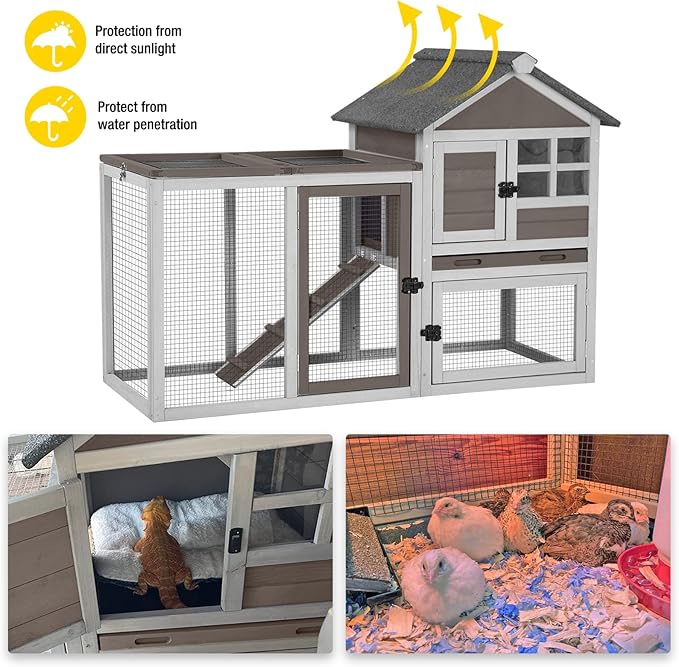 Aivituvin Large Rabbit Hutch Indoor Bunny Cage Outdoor with Run Chicken Coop Guinea Pig House with Waterproof Asphalt Roof,No Leakage Pull Out Tray (103.2" L x 25.2" W x 36.2" H,Brown-2 Sets)-PawvioPets