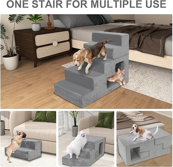 Dog Stairs for Small Dogs 23” H, 5-Step Dog Steps for High Bed, High-Density Foam Pet Stairs with Non-Slip Removable Washable Cover to Get on Bed-PawvioPets