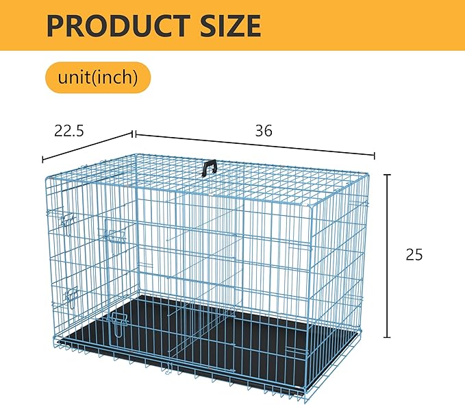 FDW Dog Crate for Medium Dogs 36 Inch Folding Metal WirePet Cage Double Door W/Divider Panel Indoor Outdoor Kennel Leak-Proof Plastic Tray,Blue-PawvioPets