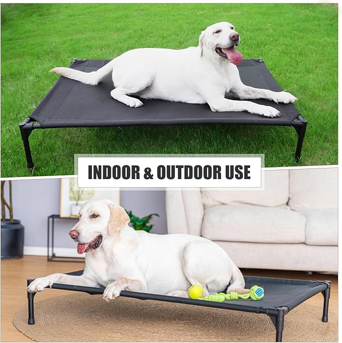 Elevated Dog Bed for Large Dogs, Raised Dog Cot Fits Up to 120 LBs, Heavy Duty Pet Cots with Durable Supportive Teslin Recyclable Washable Mesh, Indoor & Outdoor Pet Bed, Black-PawvioPets