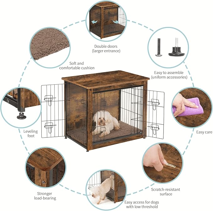 DWANTON Dog Crate Furniture with Cushion, Wooden Kennel Table with Double Doors, Indoor Dog House, Small/Medium/Large/Extra Large Size, 27.2" L, Rustic Brown-PawvioPets