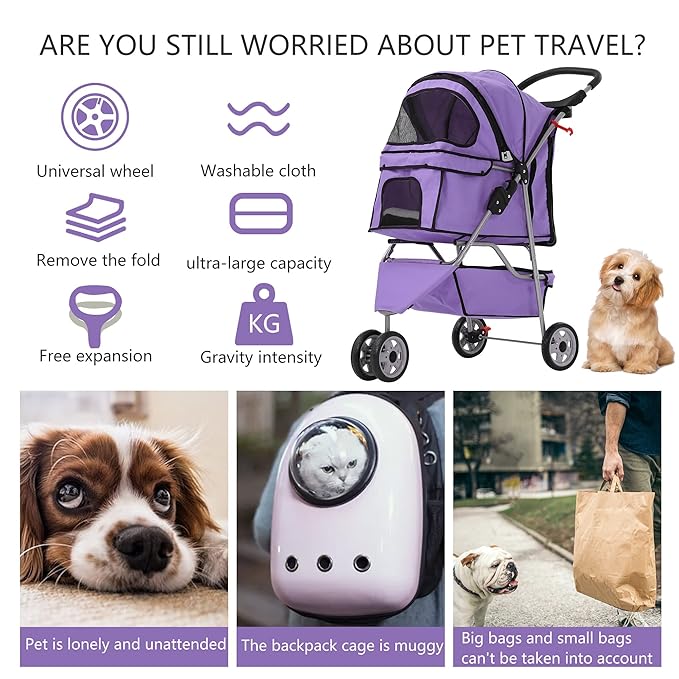 Dog Stroller,3 Wheels Travel Folding Pet Strollers for Small Medium Dog Cat Jogger Stroller with Storage Basket Removable Liner Purple-PawvioPets