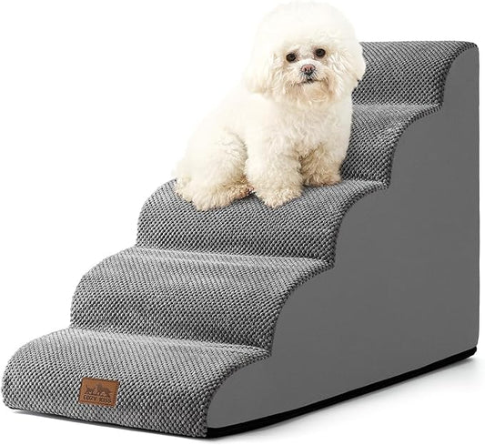 Dog Stairs for Small Dog 22.6" H, Curved Pet Step for Puppy, Older Cat, Medium Pet Ramp for High Bed, Ladder with High Density Foam, Durable, 5 Step, 15.7x33x22.6 inch, Grey-PawvioPets