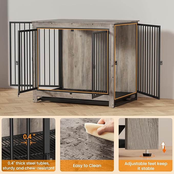 Dog Crate Furniture, Large Dog Crate Furniture, Dog Crate End Table for Large and Medium Dogs, Wooden Cage Kennel Furniture Indoor, Modern Dog Crate with Multi-Purpose Removable Tray-PawvioPets