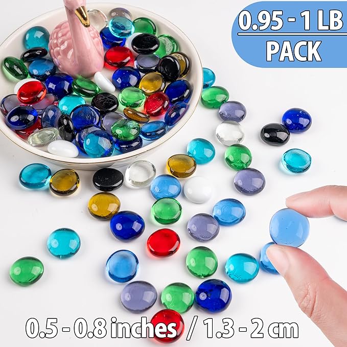 1LB Mix Glass Marbles, Transparent and Smooth Flat Glass Beads for Vases, Mosaic Gem Pebbles for Aquarium Decor, Floral Arrangements, Mancala Stones, Vase Filler and Crafts(Approx. 80-100 PCS)-PawvioPets