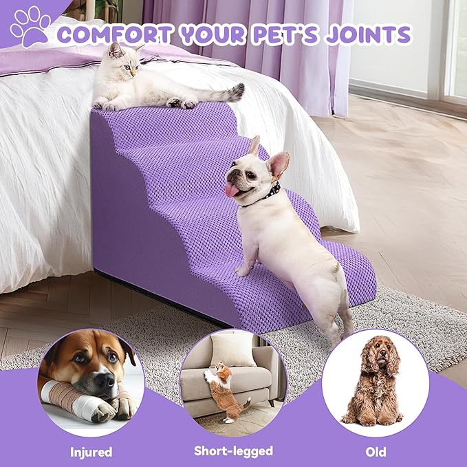 Dog Ramp and Stair for Bed 16" H-20 H,3-Step Cat Stair for Sofa and Chair,4-Step Dog Ramp for High Bed and Window,Durable Nonslip Fabric Cover for Indoor (Purple-20 H, Pet Friendly, 4)-PawvioPets
