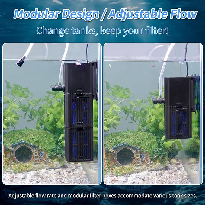 Aquarium Filter Water Flow Adjustable for 20-75 Gallon Fish Turtle Tank 264GPH 4in1 Biochemical Filtration Powerful Submersible Internal Pumps & Filters Keep Freshwater Saltwater Crystal Clear Small-PawvioPets