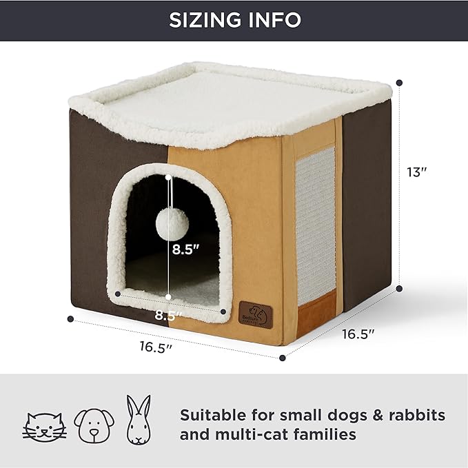 Bedsure Cat Beds for Indoor Cats - Large Cat Cave for Pet Cat House with Fluffy Ball Hanging and Scratch Pad, Foldable Cat Hideaway, 16.5x16.5x13 inches, Burnt Honeycomb-PawvioPets