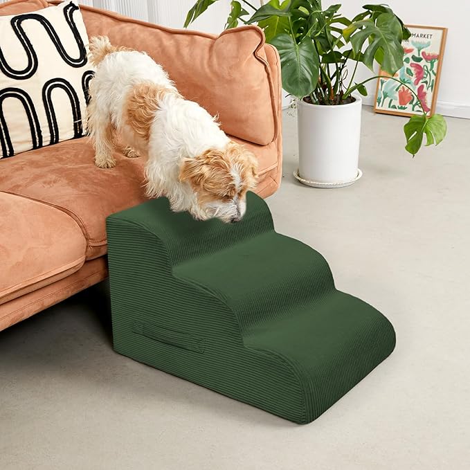 Dog Steps for Small Dogs, 3-Step Pet Ramp Stairs for High Beds and Sofa, Non-Slip Pet Stairs for Small Dogs and Cats, Removable and Easy to Clean Cover, Green-PawvioPets
