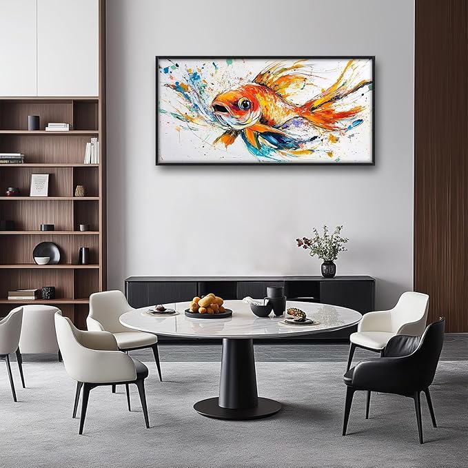 Framed Large Fish Wall Art for Living Room, Oversized Graffiti Goldfish Wall Decor Watercolor Fishing Canvas Painting Modern Artwork Home Decoration for Living Room Bedroom Office 60"x30"-PawvioPets