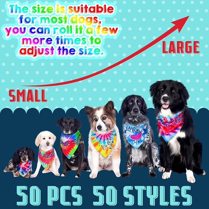 50 Pcs Tie Dye Dog Bandanas Bulk Pet Bibs Colorful Triangle Scarf Tie Dye with Sayings Pet Bandanas for Medium Large Dogs Spring Summer Birthday Costume Decor-PawvioPets