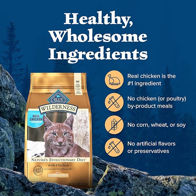 Blue Buffalo Wilderness High-Protein, Grain-Free Natural Dry Food for Adult Cats, Weight Control, Chicken, 11-lb Bag-PawvioPets