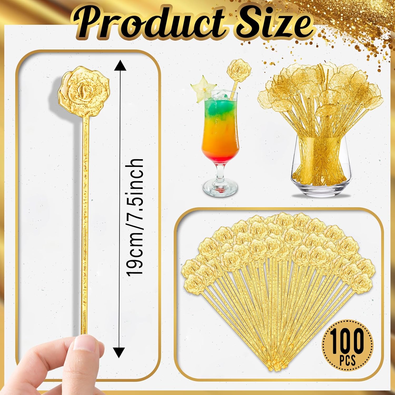 100 Pcs Gold Glitter Drink Stirrers Cocktails Plastic Swizzle Sticks 7.5 Inch Cupcake Pop Sticks Toppers Rose Top Wedding Drink Stirrers for Mixed Drinks Coffee Birthday Wedding Party
