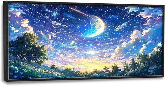 Framed Large Anime Sky Wall Art for Living Room, Oversized Fantasy Night Sky Forest Wall Decor Nature Canvas Painting Modern Artwork Home Decoration for Living Room Bedroom Office 60"x30"-PawvioPets