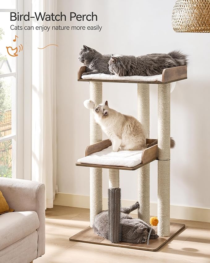 FourFurPets 43.7" Cat Tree, Modern Cat Tree Tower, Cat Tower for Indoor Cats Large Adult, Cat Condo with Scratching Post, Large Perch and Removable Pads, Greige-PawvioPets