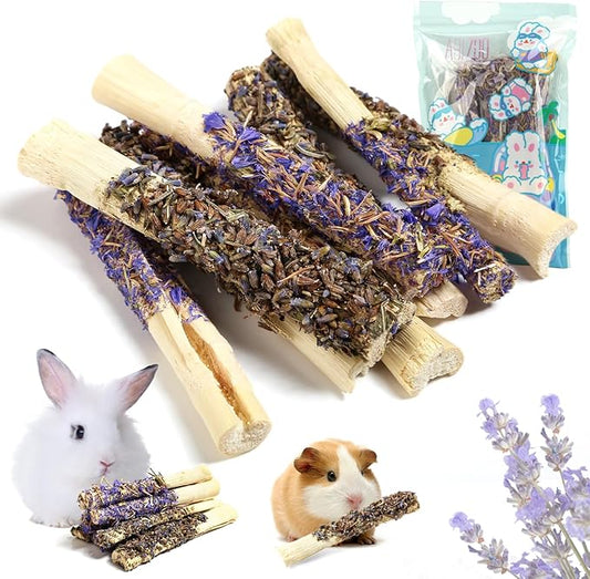 Abizoo Sweet Bamboo Rabbit Chew Sticks Treats and Toys 8Pcs Natural Hay with Forget-Me-Not Lavender for Bunny Guinea Pig Chinchilla Dental Care-PawvioPets