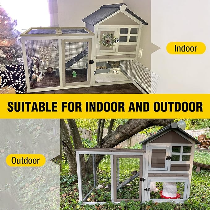 Aivituvin Large Rabbit Hutch Indoor Bunny Cage Outdoor with Run Chicken Coop Guinea Pig House with Waterproof Asphalt Roof,No Leakage Pull Out Tray (103.2" L x 25.2" W x 36.2" H,Brown-2 Sets)-PawvioPets