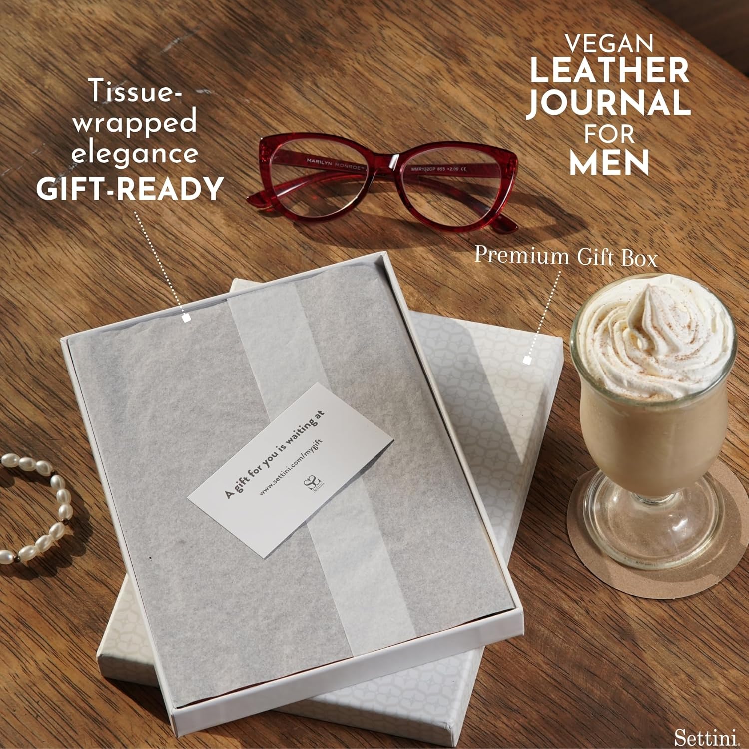 SETTINI® Lined Journal - Compass Journal for Writing Gift Set - Hardcover Vegan Leather, Includes Luxury Pen in a Unique Pen Holder, 192 Pages, 6 x 8.5 inches, Birthday Gift