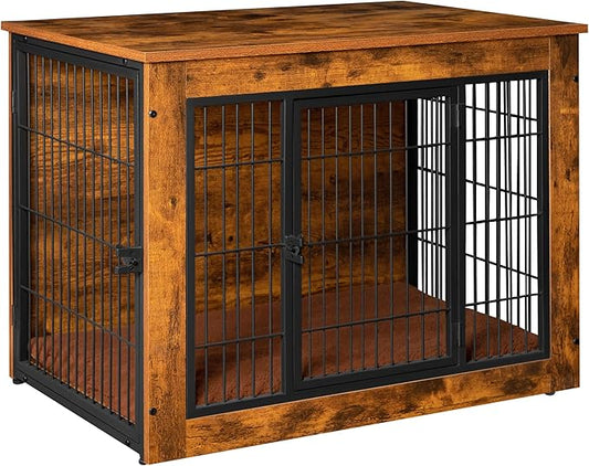 Bigrab Dog Crate Furniture with Thick Cushion, Side End Table Wooden Dog Cage with Double Doors, Chew-Resistant Dog Kennel Dog House Indoor for Small to Large Dog, L-PawvioPets