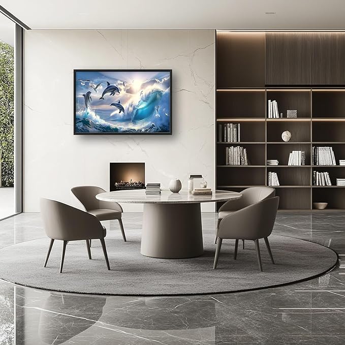 Dolphin Seagull Large Wall Art Sea Ocean Waves Sunrise Pictures Wall Decor Nautical Coastal Canvas Print Painting Artwork for Bathroom Living Room Bedroom 36L" x 24W"-PawvioPets