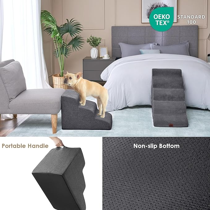 EHEYCIGA Curved Dog Stairs Ramp for High Beds 22.6" H, 5-Step Dog Steps for Small Dogs and Cats, Pet Stairs for High Bed Climbing, Non-Slip Balanced Pet Step Indoor, Grey-PawvioPets